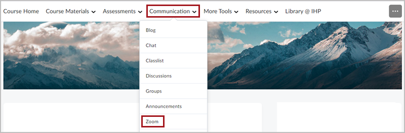 D2L Brightspace navbar with the Communication dropdown menu expanded. There is a red box around the "Zoom" option in the dropdown menu