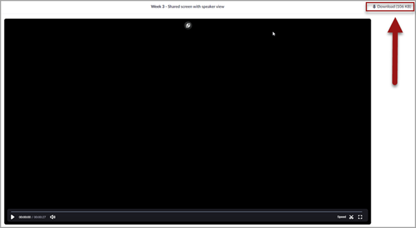 A zoom recording displaying a black screen at the start of the video. There is a red box and arrow highlighting the "Download" link in the top-right corner of the screen