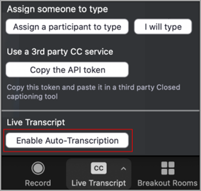 The Live Transcript menu in Zoom expanded out, with a red box around a button labeled "Enable Auto-Transcription"