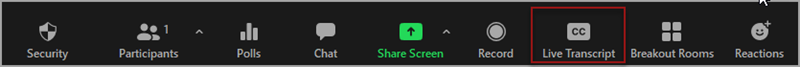 The bottom toolbar in a Zoom meeting, with a red box around the "Live Transcript" button