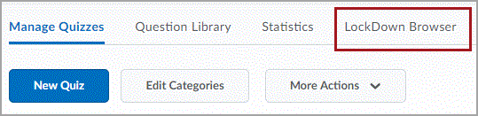 The top tabs of the Manage Quizzes page, with a red box around the "LockDown Browser" tab option