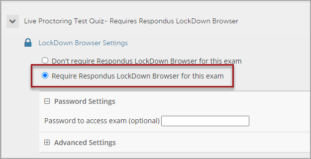 The Lockdown Browser settings for the quiz Live Proctoring Test Quiz with a red box around the select option of "Require Respondus Lockdown Browser for this exam"