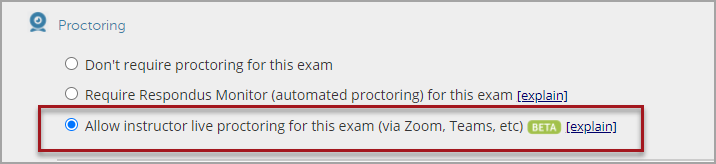 The Proctoring settings section for a Respondus Lockdown Browser quiz, with a red box around the option "Allow instructor live proctoring for this exam"
