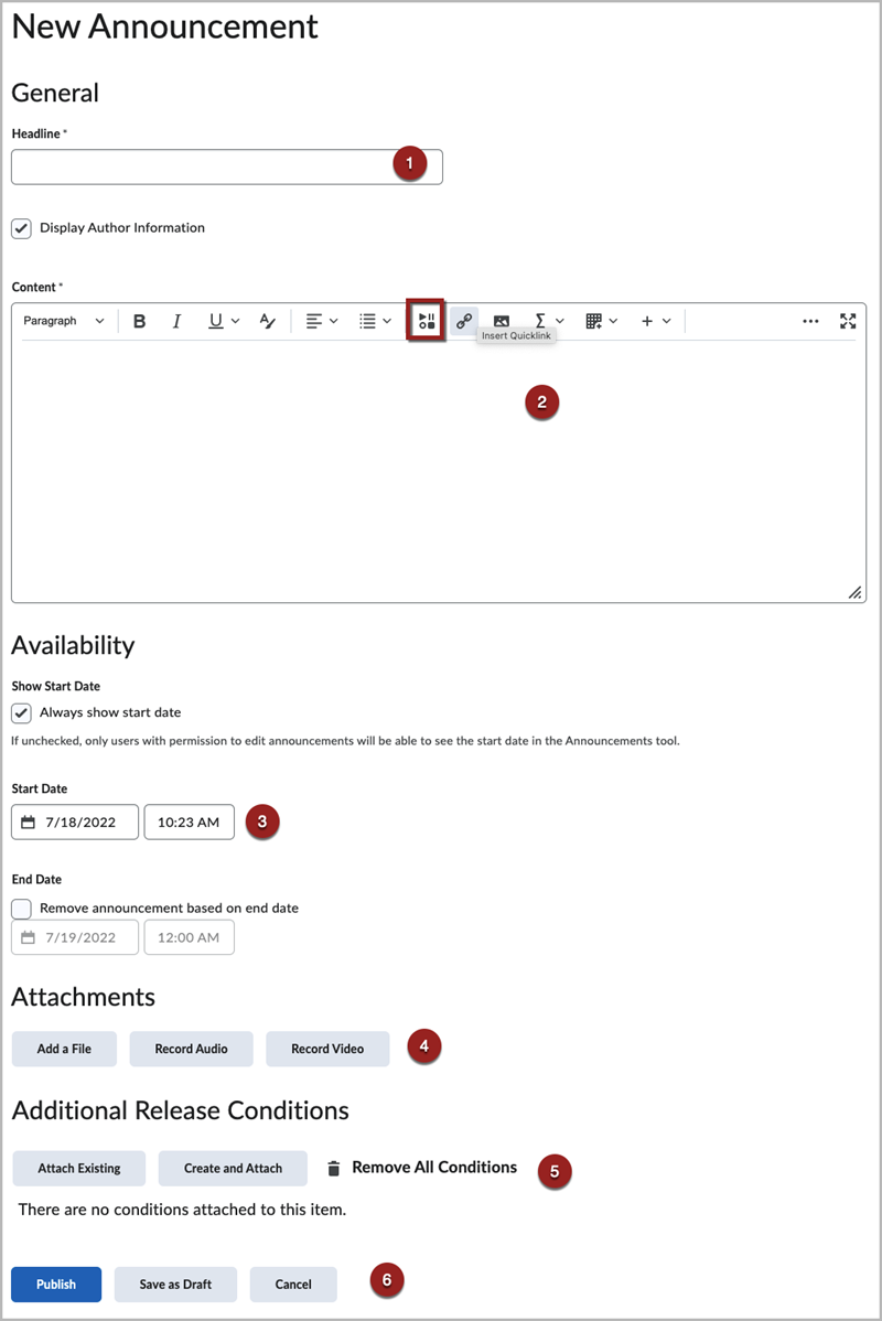 Labeled screenshot of the New Announcement creation screen. The Headline, Content editor, Availability, Attachments, Release Conditions and Publish buttons are labeled 