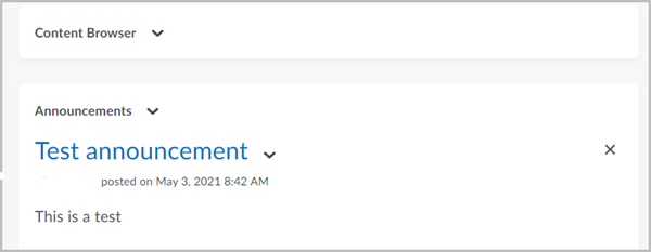 Announcements widget in a D2L Brightspace course with the previous "Test 2" announcement not appearing in the widget