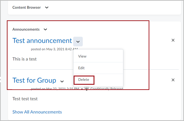 Announcements widget in a D2L Brightspace course with the dropdown associated with the first announcement expanded. There is a red box around the "Delete" option in the dropdown