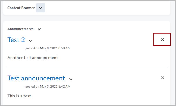 Announcements widget in a D2L Brightspace course with  a red box around the "X" of an announcement called "Test 2"