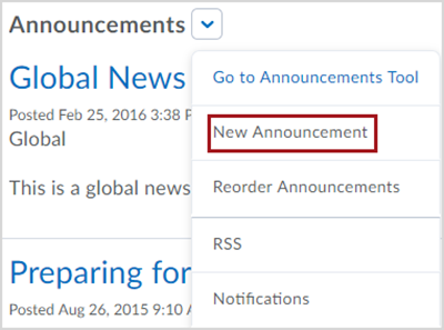 Dropdown menu associated with the Announcements widget, with a red box around the "New Announcement" option in the menu