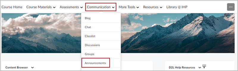 The Communication dropdown menu expanded out, with a red box around the "Announcements" option in the menu