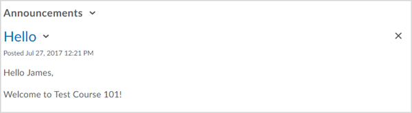 Announcements widget in D2L Brightspace with a welcome announcement posted