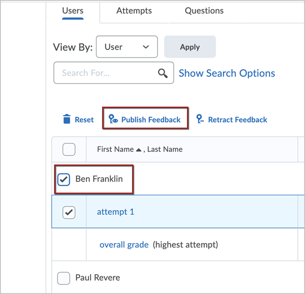 Grade Quiz page showing test student Ben Franklin. Red boxes surround a checkbox next to Ben Franklin's name and around the "Publish Feedback" button about the attempts list