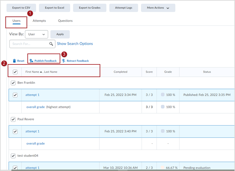 Labeled screenshot of the Grade Quiz page default Users tab, with red boxes around 1. the Users tab, 2. the checkbox next to the First Name, Last Name column, and 3. the Publish Feedback link towards the top of the page.