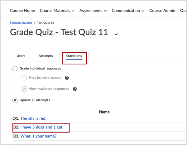 Questions tab of the Grade Quiz page for "Test Quiz 11". Red boxes highlight the selected Questions tab and question 2 in a list of other quiz questions