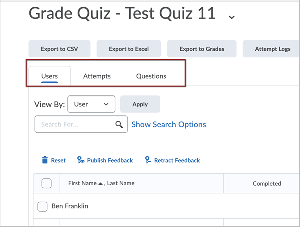 Grade Quiz page for a quiz called "Test Quiz 11". A red box highlights the "Users", "Attempts" and "Questions" tabs towards the top of the page.