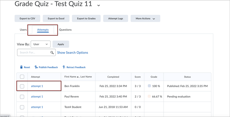 The Attempts tab of the Grade Quiz page for "Test Quiz 11". Red boxes highlight the selected Attempts tab and Ben Franklin's "attempt 1" in a list of other student attempts.