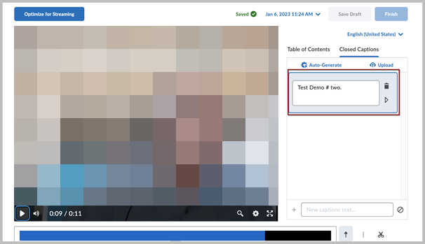 Media Library editing interface with auto-generated but unedited captions added