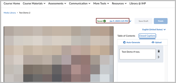 Media Library editing interface with a Saved notification highlighted at the top