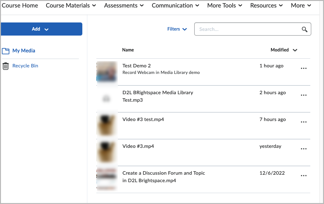 Media Library repository screen showing a list of videos