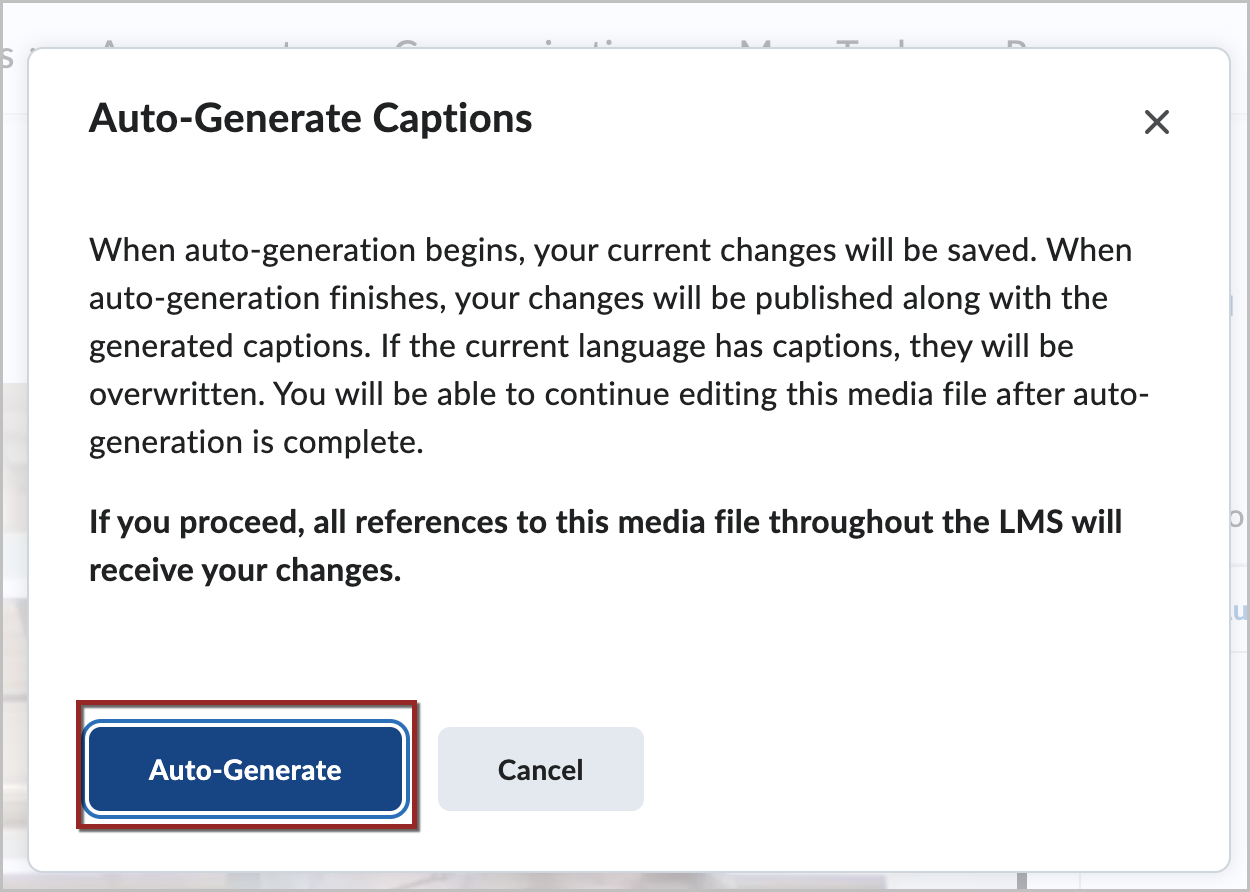 Auto-Generate Captions pop-up window with a red box around the "Auto-Generate" confirmation button