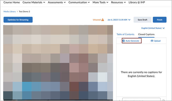 Media Library editing interface with a red box around the "Auto-Generate" option of the Closed Captions menu