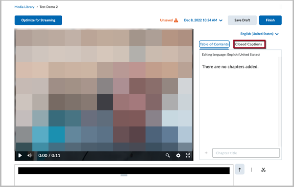 Media library editing interface with a red box around the "Closed Captions" tab