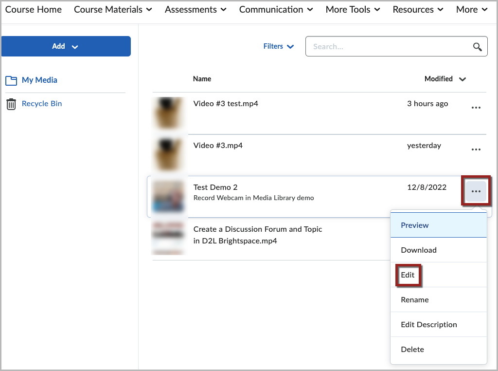 The Media Library repository with one video's dropdown menu expanded and a red box around the "Edit" option