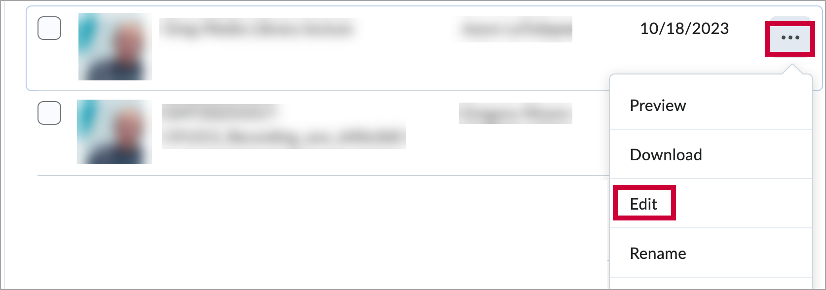 Media library tool with a specific video's dropdown menu expanded. There is a red box around the "Edit" option in the menu.