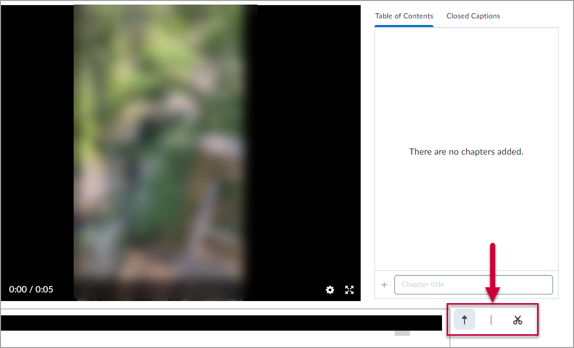 Video editing interface with trimming tools highlighted with a red box and arrow