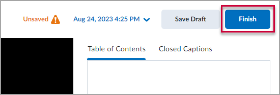 The Finish button in the video editing interface with a red box around it