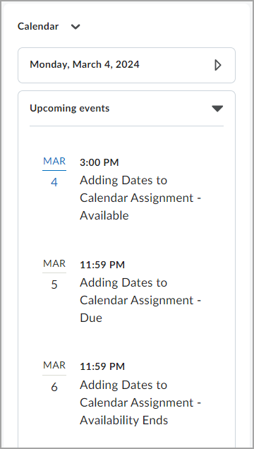 Start, End, and Due Date for the same assignment in the Calendar tool in D2L Brightspace.