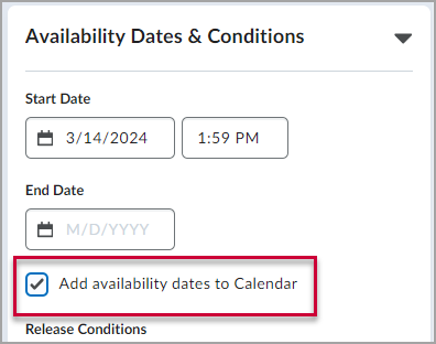 Checking the "Add availability dates to Calendar" option during Quiz setup.