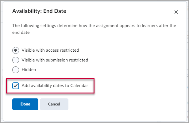 Checking the "Add availability dates to Calendar" option in the visibility settings.