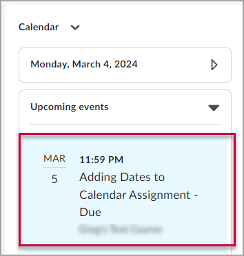 A due date in the calendar tool in D2L Brightspace.