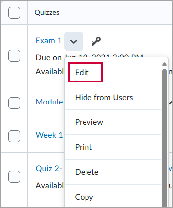 The dropdown menu for a D2L Brightspace quiz, with a red box around the "Edit" option