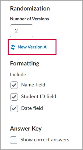 The randomization field for a D2L quiz, with a red box around the "New Version" button