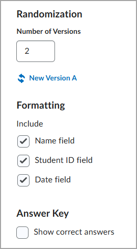 The randomization field for a D2L quiz, with options such as Number of Versions, Formatting, and Answer Key