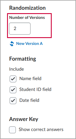 The randomization field for a D2L quiz, with a red box around the "Number of Versions" option