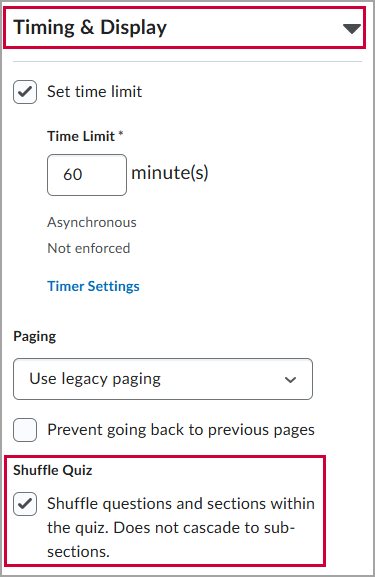 "Timing & Display" section of the quiz creation interface, with a red box around the "Shuffle Quiz" option