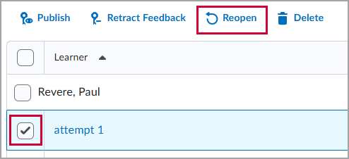 The quiz grading interface, with student Paul Revere Attempt 1 checked and a red box around the "Reopen" option