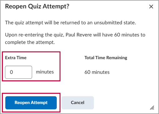 A pop-up labeled "Reopen Quiz Attempt" with a red box around the setting for adding Extra Time