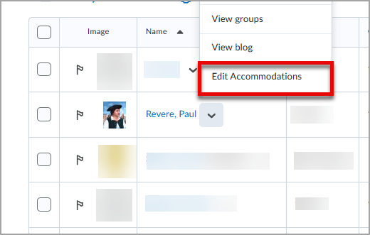A screenshot of the Edit Accommodations option in the Classlist tool with a red box around it