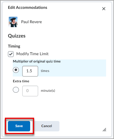 The Edit Accommodations window with Modify Time Limit set to 1.5 times