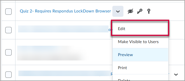 A Quiz's dropdown menu with a red box around the Edit option