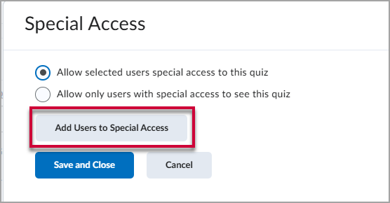 Screenshot of the Special Access pop up window with a red box around the Add Users to Special Access button