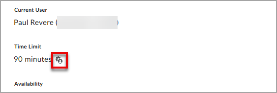 Quiz start screen with a red box around an icon indicating the student has accommodations