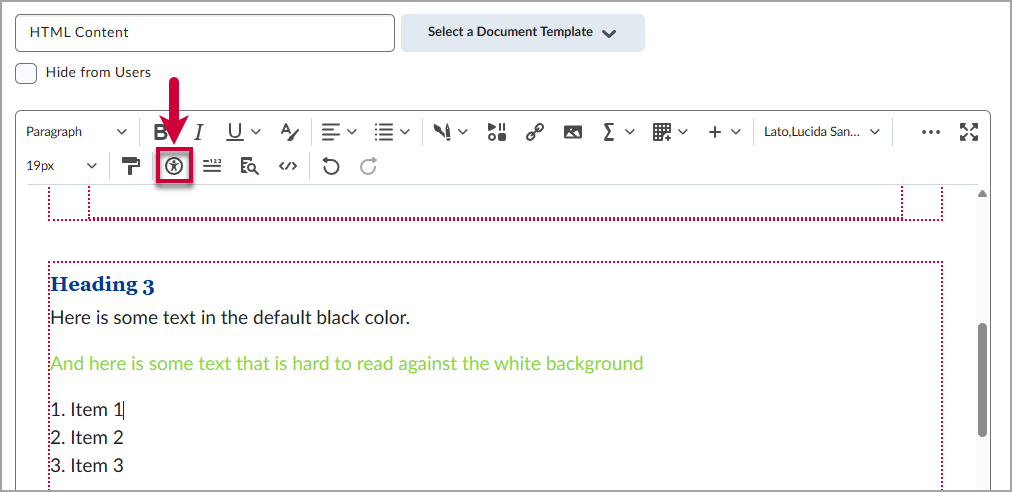 D2L content editor with a red arrow pointing to the Accessibility Checker icon