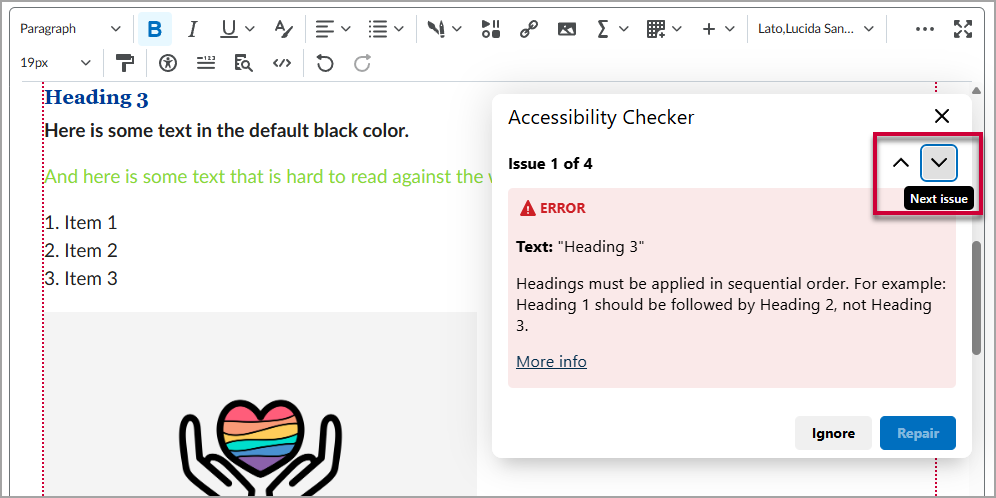 The accessibility checker with a red box around the arrows to navigate between issues