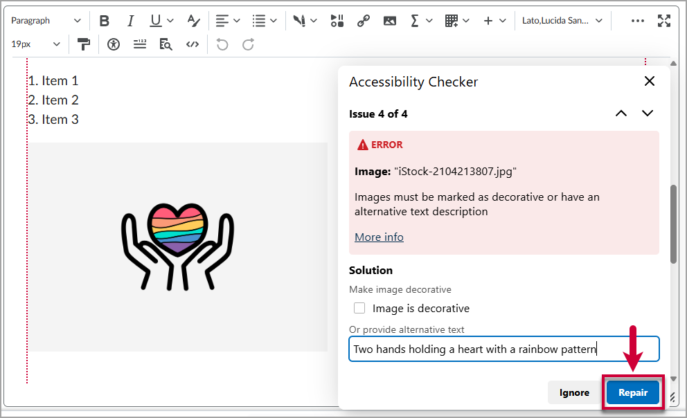 The D2L accessibility checker with alt text being added to an image. A red arrow points to the blue Repair button