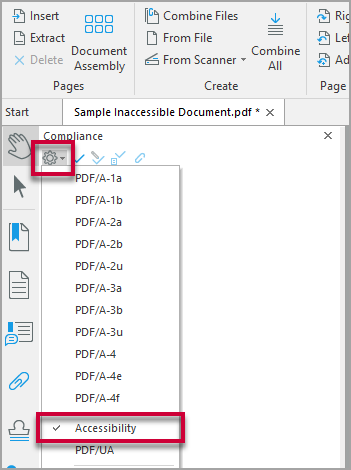 The Compliance Panel with a red box around the gear icon and "Accessibility" within the corresponding dropdown menu