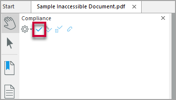 The Compliance panel in PowerPDF with a red box around a small checkmark icon